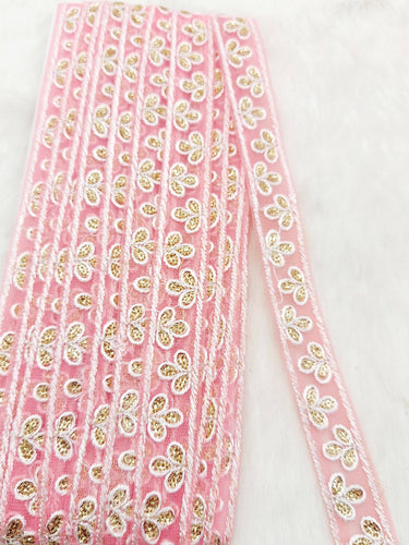 Wholesale Peach Net Lace Floral Embroidery & Glitter Gold Sequins, Indian Wedding Border, Gifting Ribbon Costume Trim Fashion Trimming
